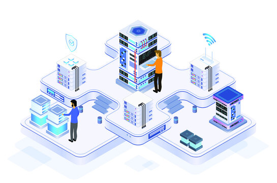 Data center or server room processing data operation with security protection and maintenance with isometric design style - vector	
