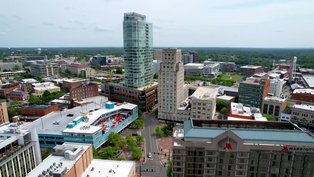 aerial pushing into durham nc, north carolina buildings