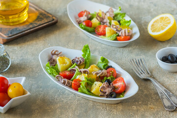 Potato salad with octopus, tomato and leaf lettuce on a gray oval plate on a gray concrete background. Mediterranean, Italian cuisine.