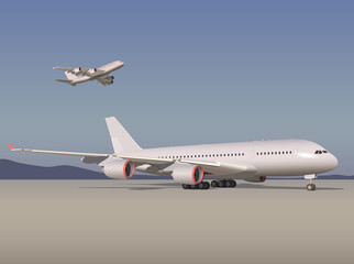 Aircraft at the airport, against the backdrop of a sunny sky and mountains. Vector.