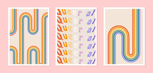 Set of abstract posters with rainbows. Retro wall decor, art print with LGBT symbol and queer af slogan. Contemporary minimalist background in mid century style. Pride pattern. Vector illustration. - obrazy, fototapety, plakaty