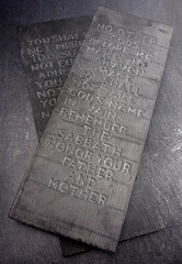 Ten Commandments Carved into Two Black Stones