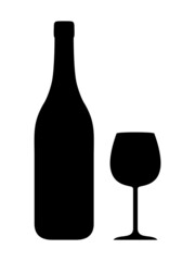 A bottle of wine and a glass of wine isolated on a white background. Vector black silhouette