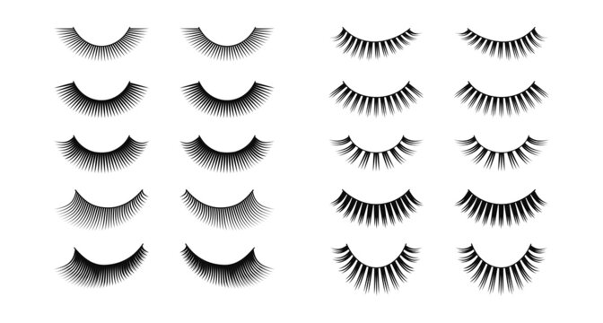 Eylashes collection vector Illustration. False lashes of different length, volume and shape. Makeup items for lashmaking card, training posters, beauty salon wallpaper. isolated on a white background.