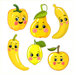 A set of vector illustrations of yellow fruits and vegetables isolated on a white background. Drawn cute cartoon characters. Hot chili pepper, bell pepper, pear, banana, lemon, apple,