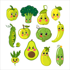 A set of vector illustrations of green fruits, vegetables, isolated. Drawn cute cartoon characters. Pepper, broccoli, pear, lemon, beans, apple, cabbage, avocado, squash, cucumber