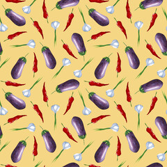 Vegetables on mustard color seamless pattern. Eggplant, garlic, chili pepper on yellow background repeat print. Watercolor kitchen, garden plant background for textile, fabric, wallpaper, design.