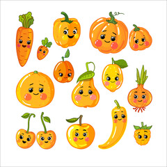 A set of vector illustrations of orange fruits and vegetables isolated on a white background. Drawn cute cartoon characters. Carrot, pepper, pumpkin, orange, peach, pear, lemon, banana, onion, apple