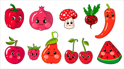 A set of vector illustrations of red fruits and vegetables isolated on a white background. Drawn cute cartoon characters. Pepper, pomegranate, fly agaric,bell pepper, apple, raspberry, pear, cherry - 502514950