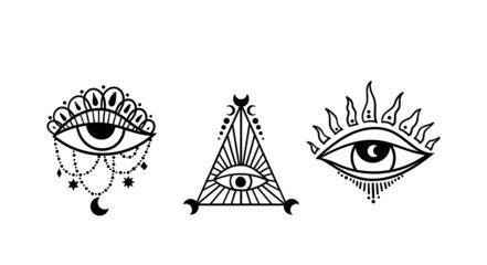 Mystical evil eye and moon phases isolated clip art set, celestial the third eye, magical hand drawn eye of providence, silhouette esoteric symbols, black and white vector