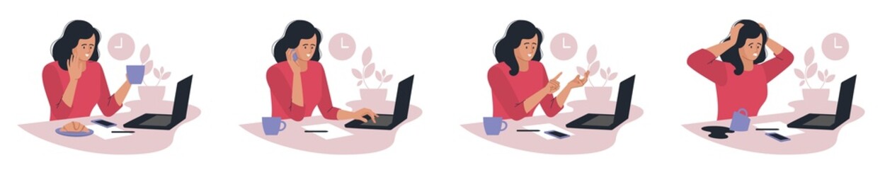Online work. Girl with a laptop. People and business. The working process. Infographics, presentation. Freelancer, work from home. Vector image.