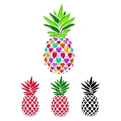 Pineapple Love Heart. A set of hand-drawn tropical pineapple fruits