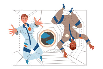 Man Astronaut Character in Outer Space in Spacesuit Flying on Space Shuttle Vector Illustration