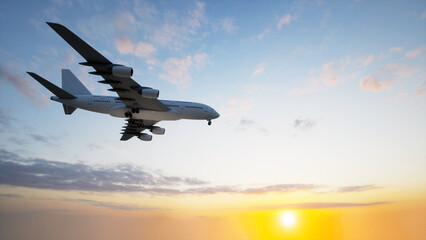 Conceptual flying white passenger jetliner or commercial plane after take off rising over a beautiful sky background. 3D illustration for jet transportation, travel industry or modern freedom concept