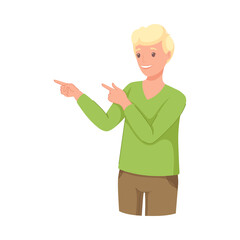 Man Character Indicating Something Pointing with Index Finger as Hand Gesture Specifying Direction Vector Illustration