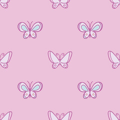 Fototapeta na wymiar Simple pastel pink cartoon butterfly pattern for kids, cute vector repeat