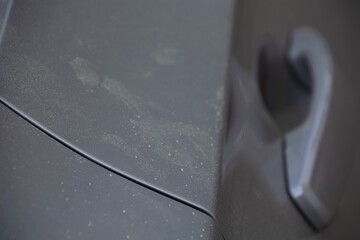 car door with door handle dirty with pollen and sand especially dangerous for allergy sufferers