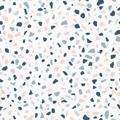 Terrazzo flooring, seamless pattern in pastel colors. Polished rock surface. Tender white background with colored stones. Vector texture