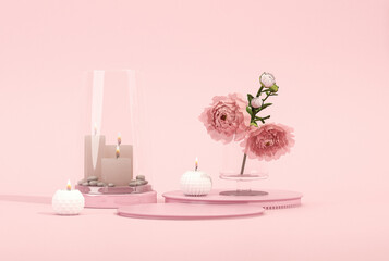 Obraz na płótnie Canvas 3D podium display, pastel pink background with Peonies flower and palm leaf shadow. Minimal pedestal for beauty, cosmetic product. Holiday, feminine copy space template 3d render 