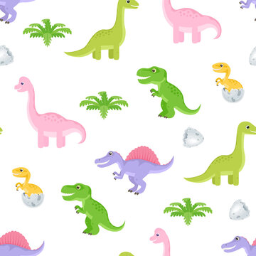 Cartoon dinosaurs background. Childish seamless pattern with cute funny Jurassic animals. Newborn dinosaur hatched from egg. Funny brachiosaurus, brontosaurus, t-rex and spinosaurus. 