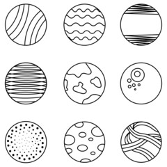 black line icon Planetary symbols in space Earth, Saturn, Mars