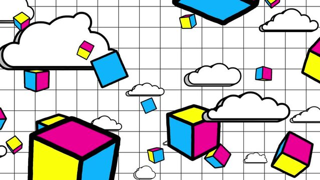 Cubes cartoon 3d CMYK color flying with linear doodle black outline animation rotation isolated. Sky and clouds one minute 30 fps version. Seamless loop motion design background.