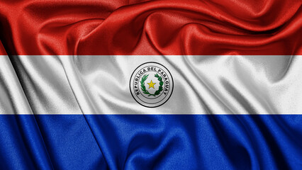 Close up realistic texture fabric textile silk satin flag of Paraguay waving fluttering background....