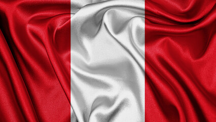 Fototapeta premium Close up realistic texture fabric textile silk satin flag of Peru waving fluttering background. National symbol of the country. 28th of July, Happy Day concept 
