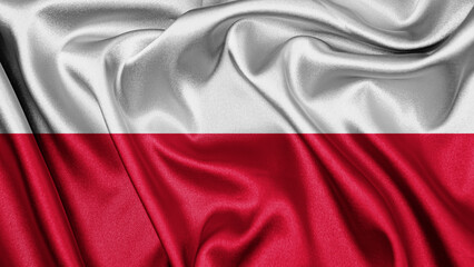 Close up realistic texture fabric textile silk satin flag of Poland waving fluttering background. National symbol of the country. 11th of November, Happy Day concept