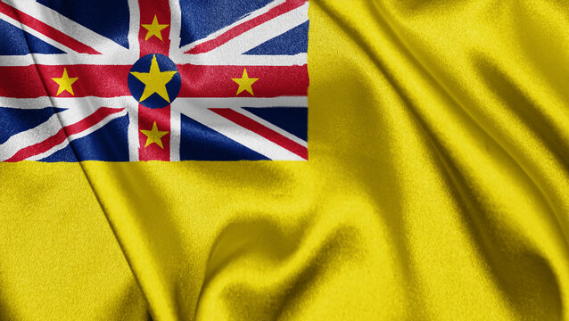 Close up realistic texture fabric textile silk satin flag of Niue waving fluttering background. National symbol of the country. 19th of October, Happy Day concept