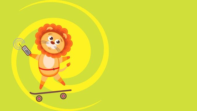 
Animation. Cute lion rides a skateboard and enjoys the gift.
 Presentation, design. Free space for text.