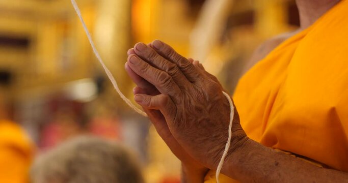 Monks are chanting a Buddhist ritual. Pray and meditation in temple, Put the palms of the hands together in salute, monks, Thailand