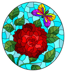Stained glass illustration with a rose flower and a butterfly on a blue background, oval image 