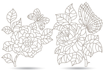 Set of contour illustrations in stained glass style with abstract flowers, dark outlines isolated on a white background