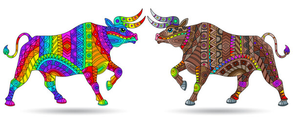 A set of stained glass illustrations with abstract bulls, animals isolated on a white background