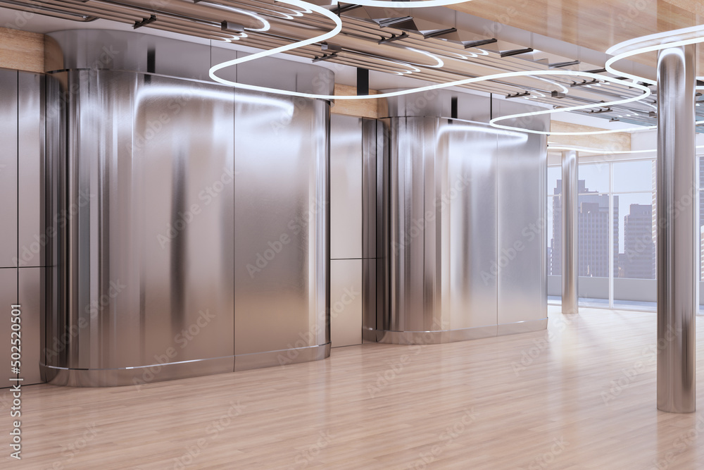 Aufkleber empty stylish modern reception hall interior design background with metallic walls streamlined shape