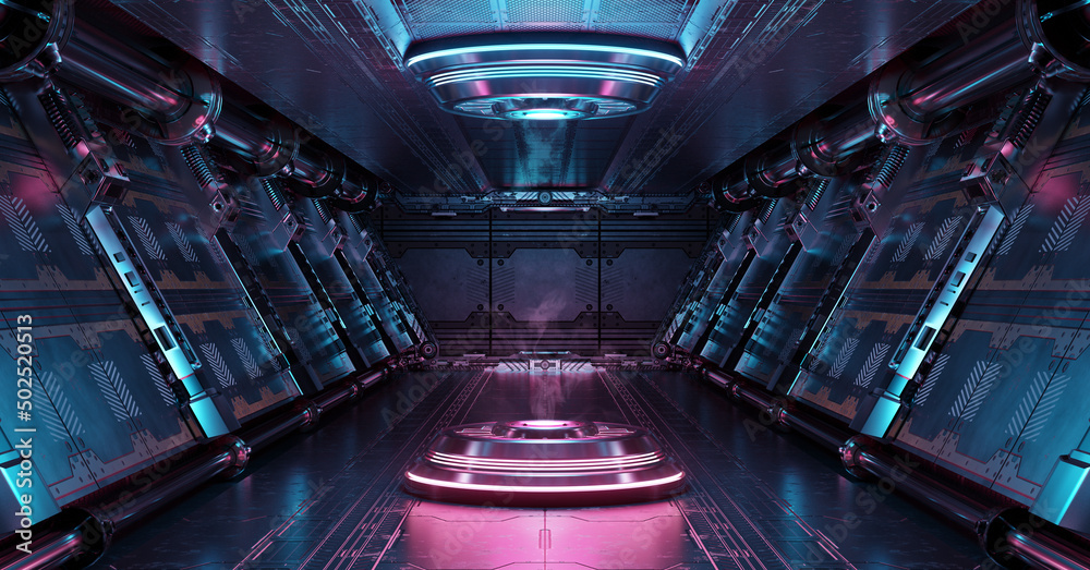 Poster blue and pink spaceship interior with projector. futuristic corridor in space station with glowing n
