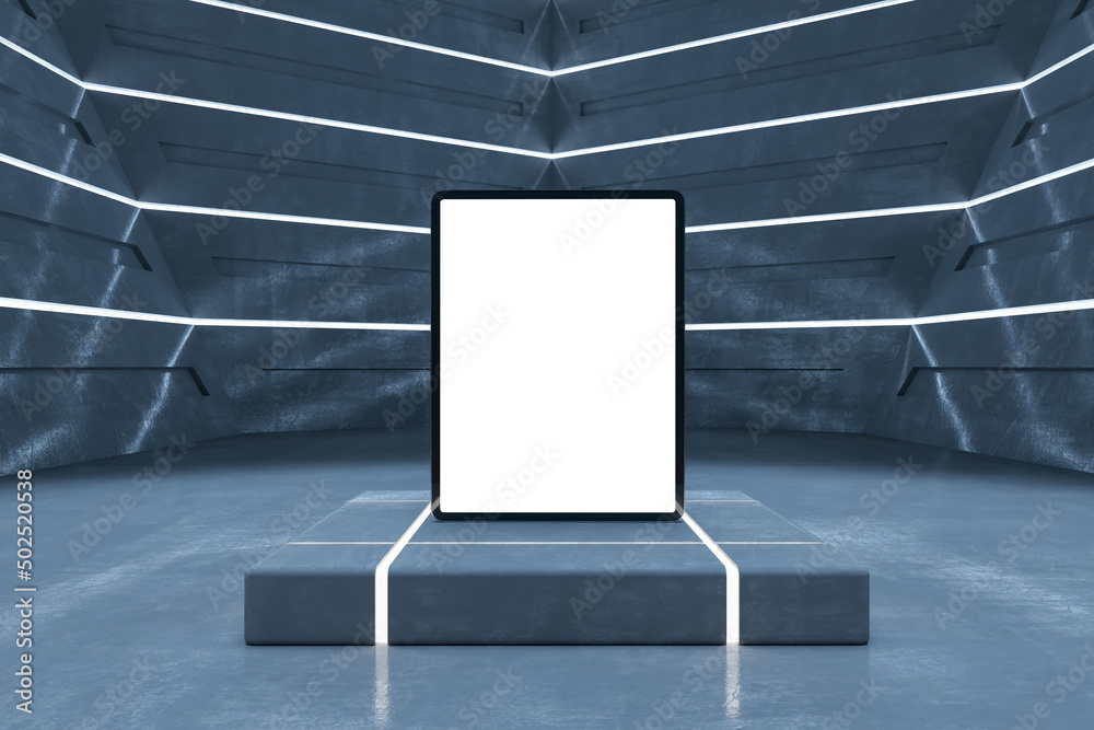 Aufkleber abstract blue futuristic interior with empty white tablet screen on pedestal and mock up place for p