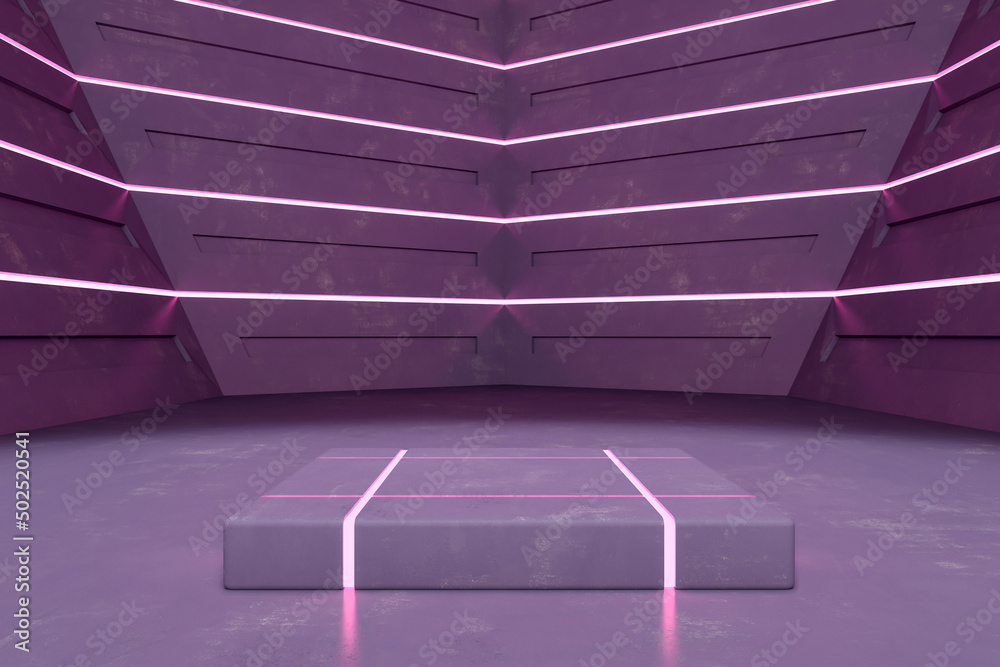 Poster Abstract purple futuristic interior with pedestal and mock up place for object presentation. 3D Rendering.