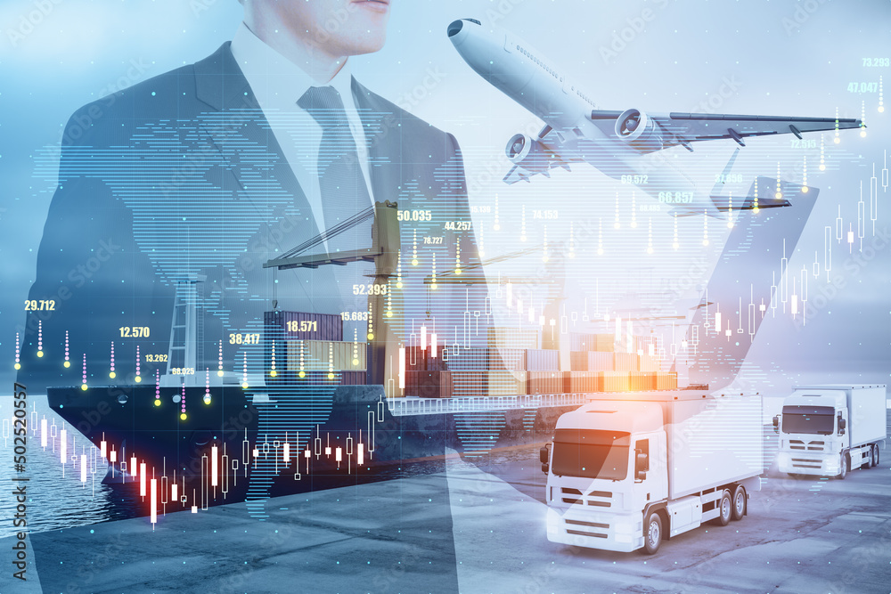 Poster Smart technology and global logistic service concept with double exposure of businessman using laptop, stock market indicators and graphs, cargo containers, heavy trucks and planes