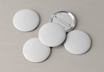 Badge mockup isolated on wood. 3d rendering template of five pins buttons with reflections and shadows. - 502520506