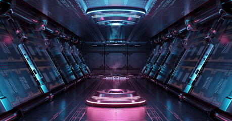 Blue and pink spaceship interior with projector. Futuristic corridor in space station with glowing neon lights background. 3d rendering © sdecoret