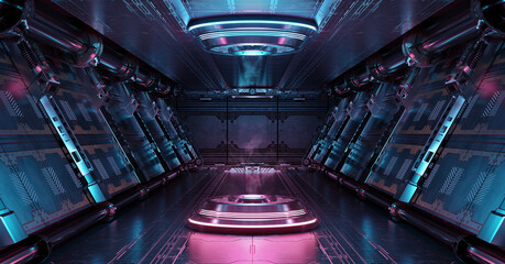 Blue and pink spaceship interior with projector. Futuristic corridor in space station with glowing neon lights background. 3d rendering