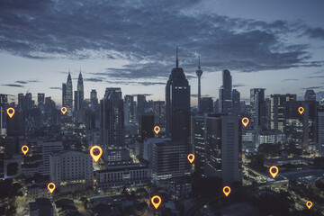 Modern map and geolocation concept with night megapolis city landscape and bright digital yellow...