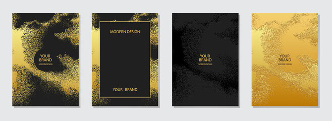 Modern set of creative covers. Black embossed and gold background with marble texture of spots, sparkles, splashes. Collection of vertical templates for design and decoration with space for text.