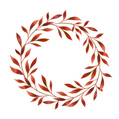 Fototapeta na wymiar Floral round wreath, frame, border, blank, template isolated on white. Watercolor red, copper, orange botanical illustration for copy space, card, greeting, invitation. Green leaves circle design.