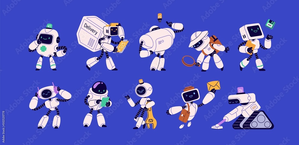 Aufkleber Robots set with cute screen faces. Futuristic smart androids assistants at work. AI technology, digital characters. Human-like machines with artificial intelligence. Isolated flat vector illustrations