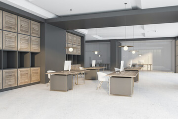 Bright wooden and concrete coworking office interior with furniture, equipment and daylight. 3D Rendering.