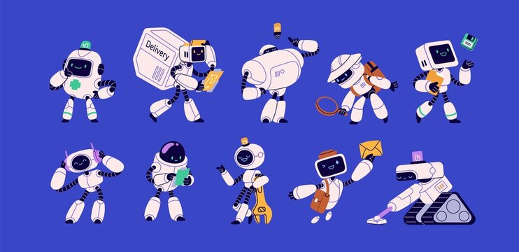 Robots set with cute screen faces. Futuristic smart androids assistants at work. AI technology, digital characters. Human-like machines with artificial intelligence. Isolated flat vector illustrations