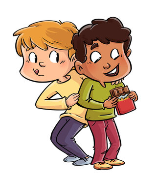 Illustration of two children eating a chocolate bar